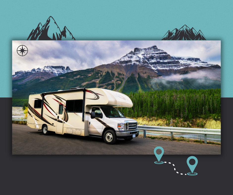 RV driving down road with mountains in background